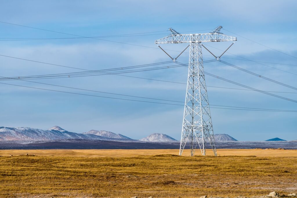 powerful electric power pylon closeup on tibetan plateau